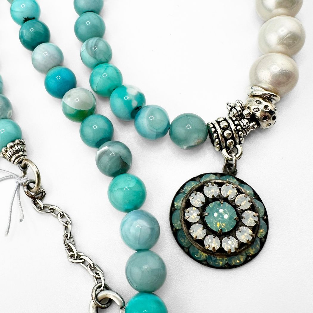 Pacific White Opal Pendant On Gemstone Beaded Necklace