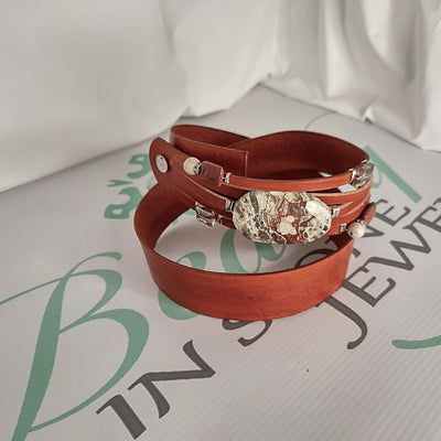 Handmade Leather Belt Brown/Mushroom Jasper Gemstone & Rhinestones, Beauty In Stone Jewelry at $199