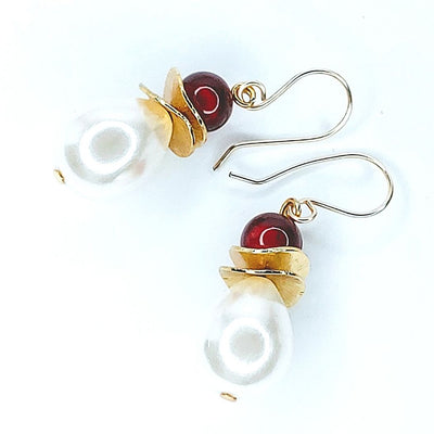 Pearl, Red & Gold Earrings, Beauty In Stone Jewelry at $40