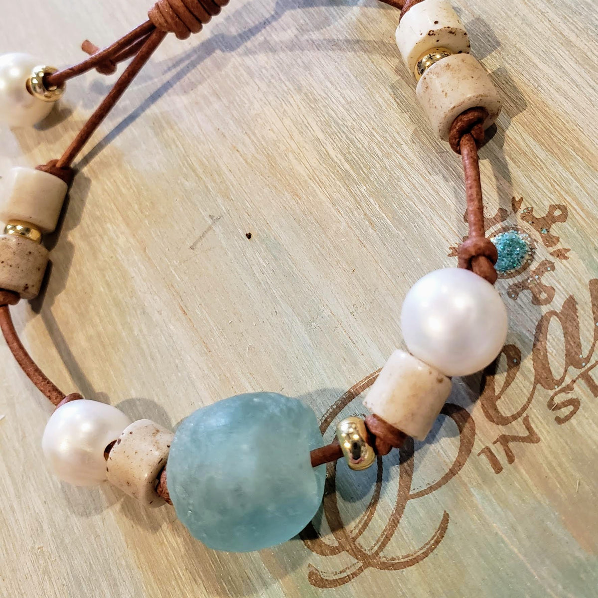 SET, Jewelry Pearl Sea Glass Leather Bracelet Earrings, Knotted Leather Bracelet, Leather buying Jewelry, Pearl Jewelry, Leather and Pearl Earrings