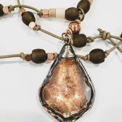 Gray/Brown Beach Glass Necklace With Crystal Pendant & Rose Gold, Beauty In Stone Jewelry at $99