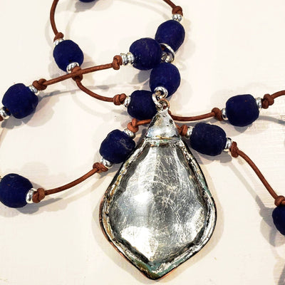 Navy Blue Beach Glass Necklace With Crystal Pendant, Beauty In Stone Jewelry at $99