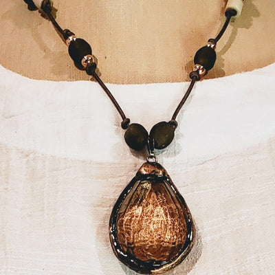 Dark Gray Beach Glass Necklace With Crystal Pendant, Beauty In Stone Jewelry at $99