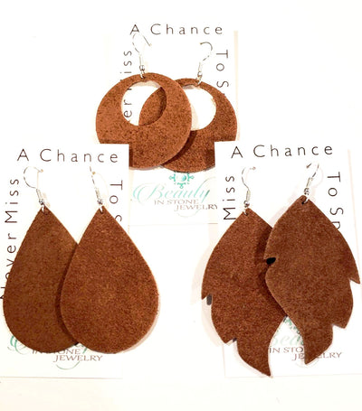 Suede Leather Earrings, Beauty In Stone Jewelry at $25