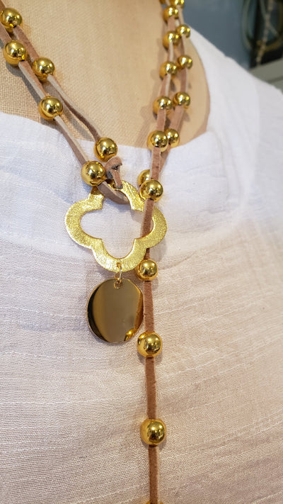 Gold Beaded Lariat With Quatrefoil Clover on Suede Leather, Beauty In Stone Jewelry at $90