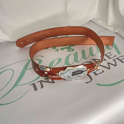 Handmade Leather Belt Brown/Freeform Agate Gemstone & Rhinestones, Beauty In Stone Jewelry at $199