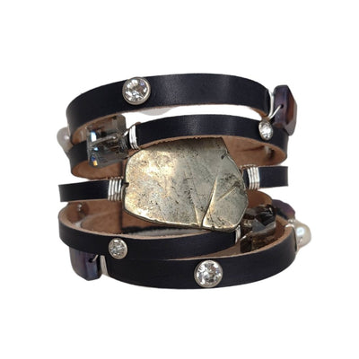 Leather Cuff Black With Gemstone & Rhinestones, Beauty In Stone Jewelry at $149