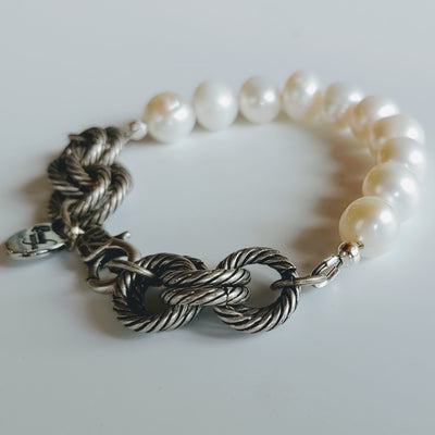 Pearl & Silver Twisted Link Bracelet, Beauty In Stone Jewelry at $99