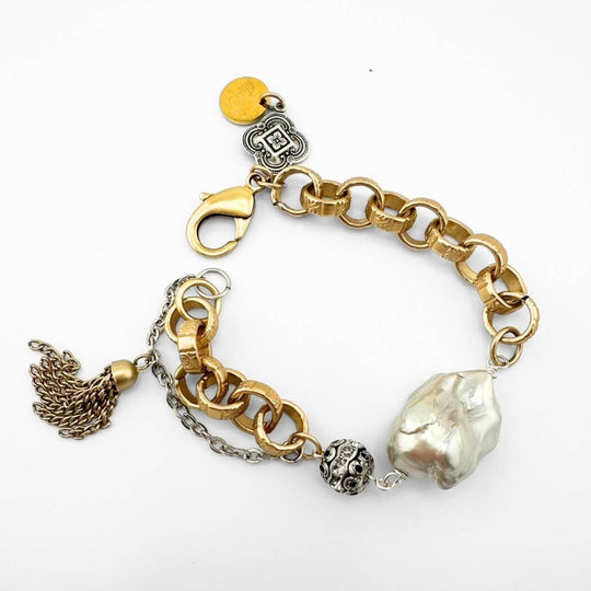 Silver Coated Pearl Two-Tone Chain Bracelet