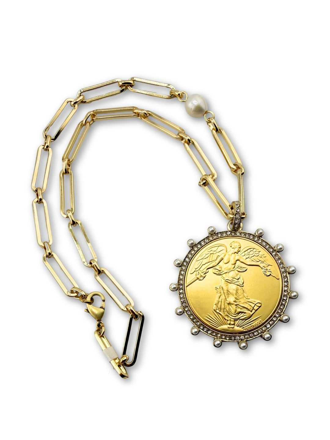 French Coin Necklace Gold Face On Chain With Side Pearl