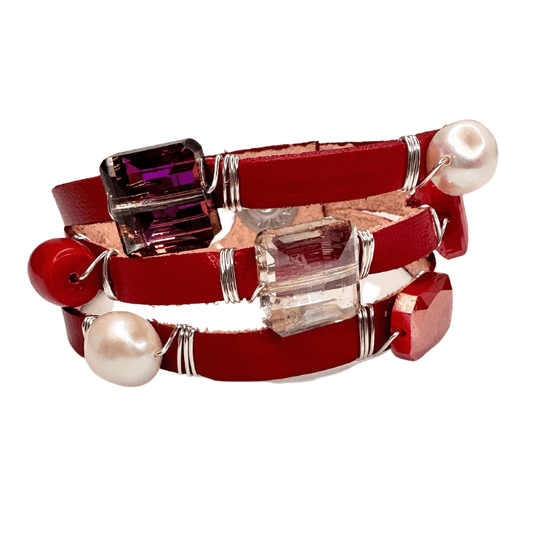 Leather Cuff Red With Crystal Bling & Pearls