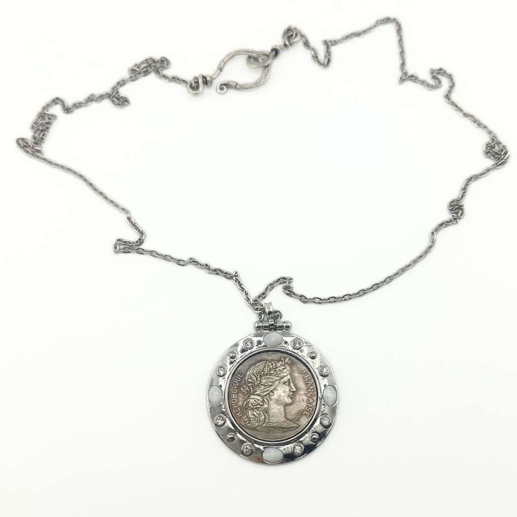 French Republic or Three Graces Silver Coin Pendant Necklace