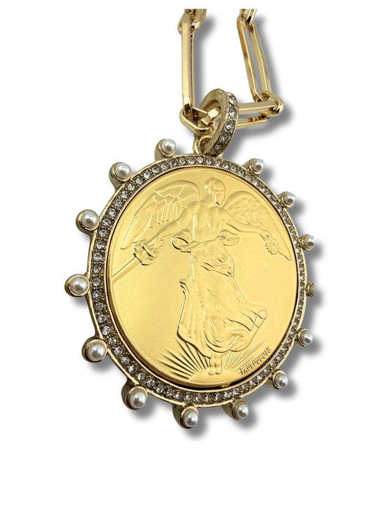 French Coin Necklace Gold Face On Chain With Side Pearl