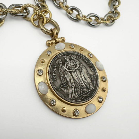 Mother Of Pearl Gold-Silver French or Three Graces Silver Coin Necklace