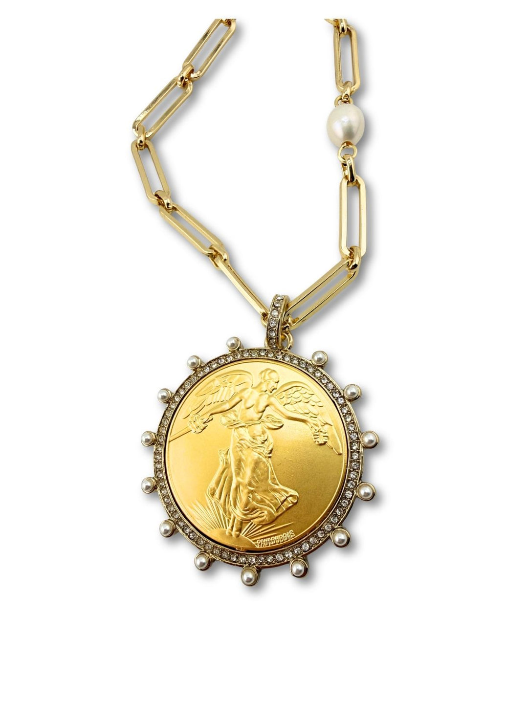French Coin Necklace Gold Face On Chain With Side Pearl