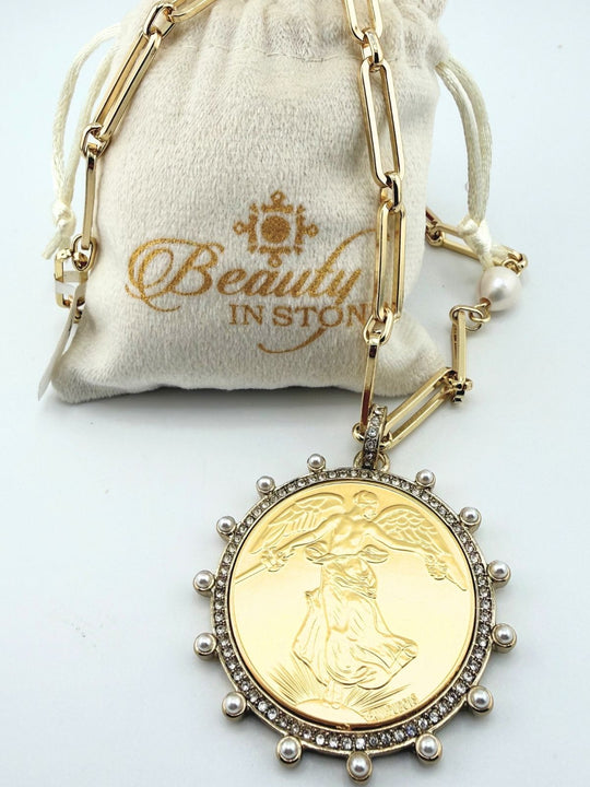 French Coin Necklace Gold Face On Chain With Side Pearl