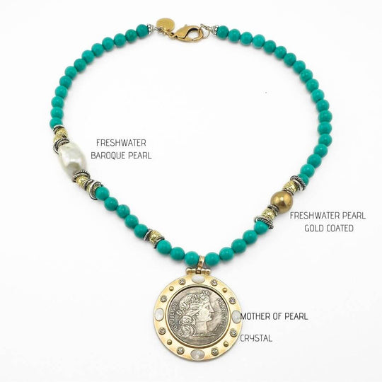 Turquoise Beaded Coin Necklace Short or Long