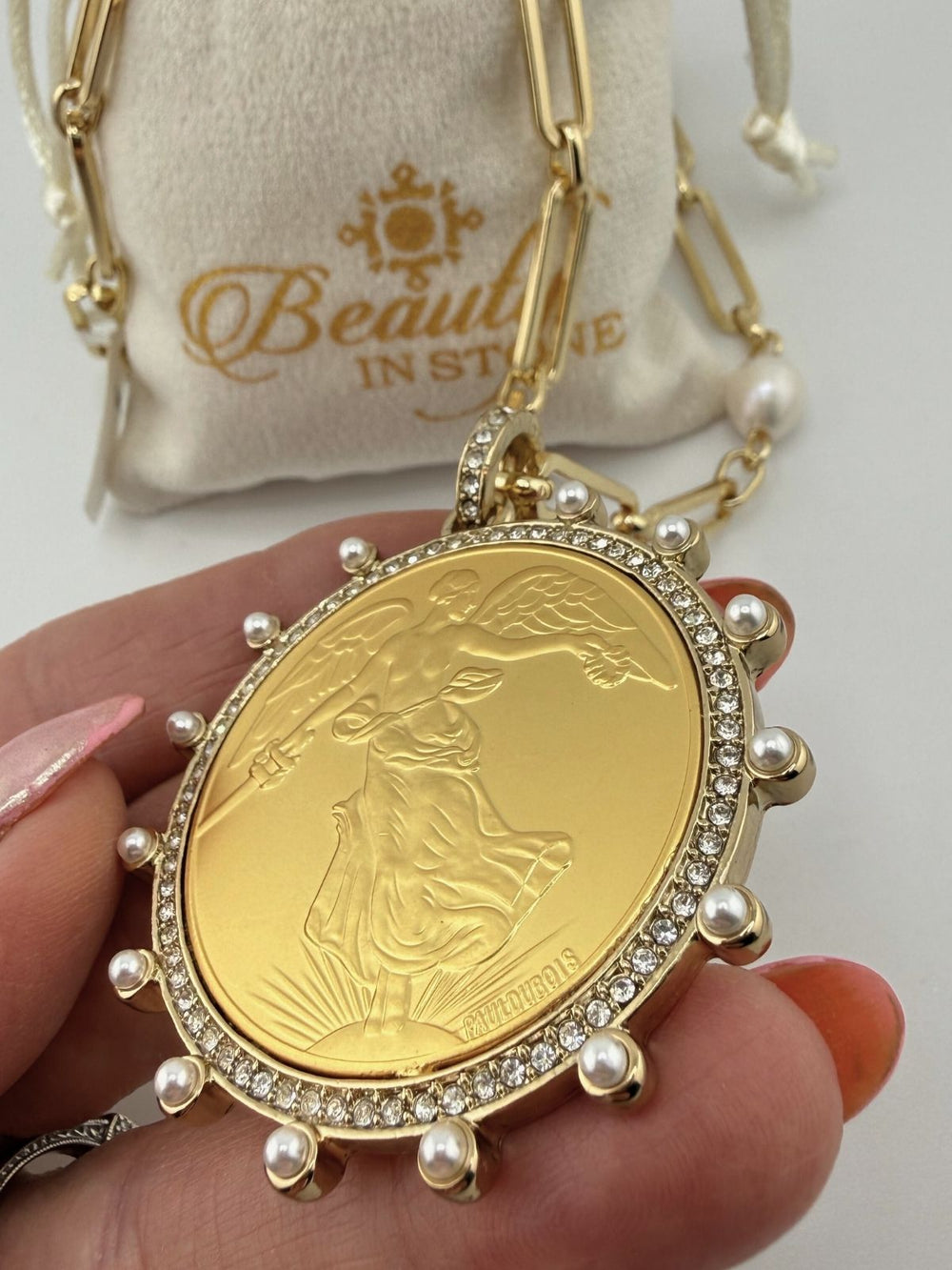 French Coin Necklace Gold Face On Chain With Side Pearl