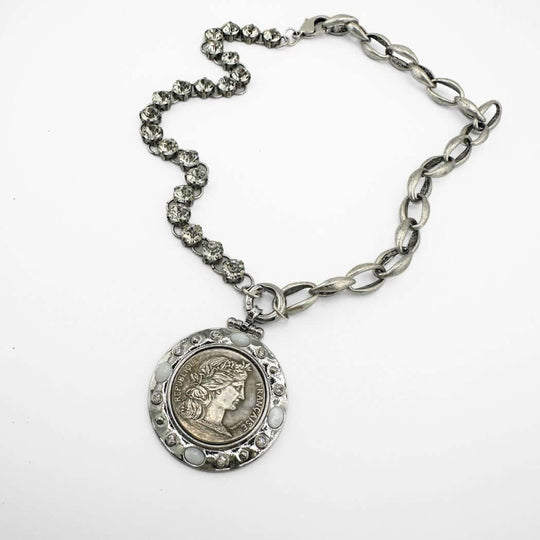 French Republic or Three Graces Silver Coin Pendant Necklace