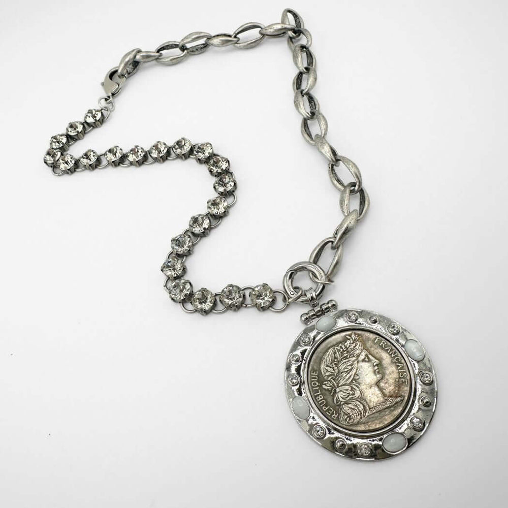 French Republic or Three Graces Silver Coin Pendant Necklace