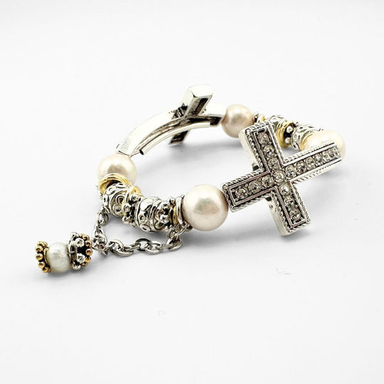 Double Cross Stretch Bracelet With Pearls