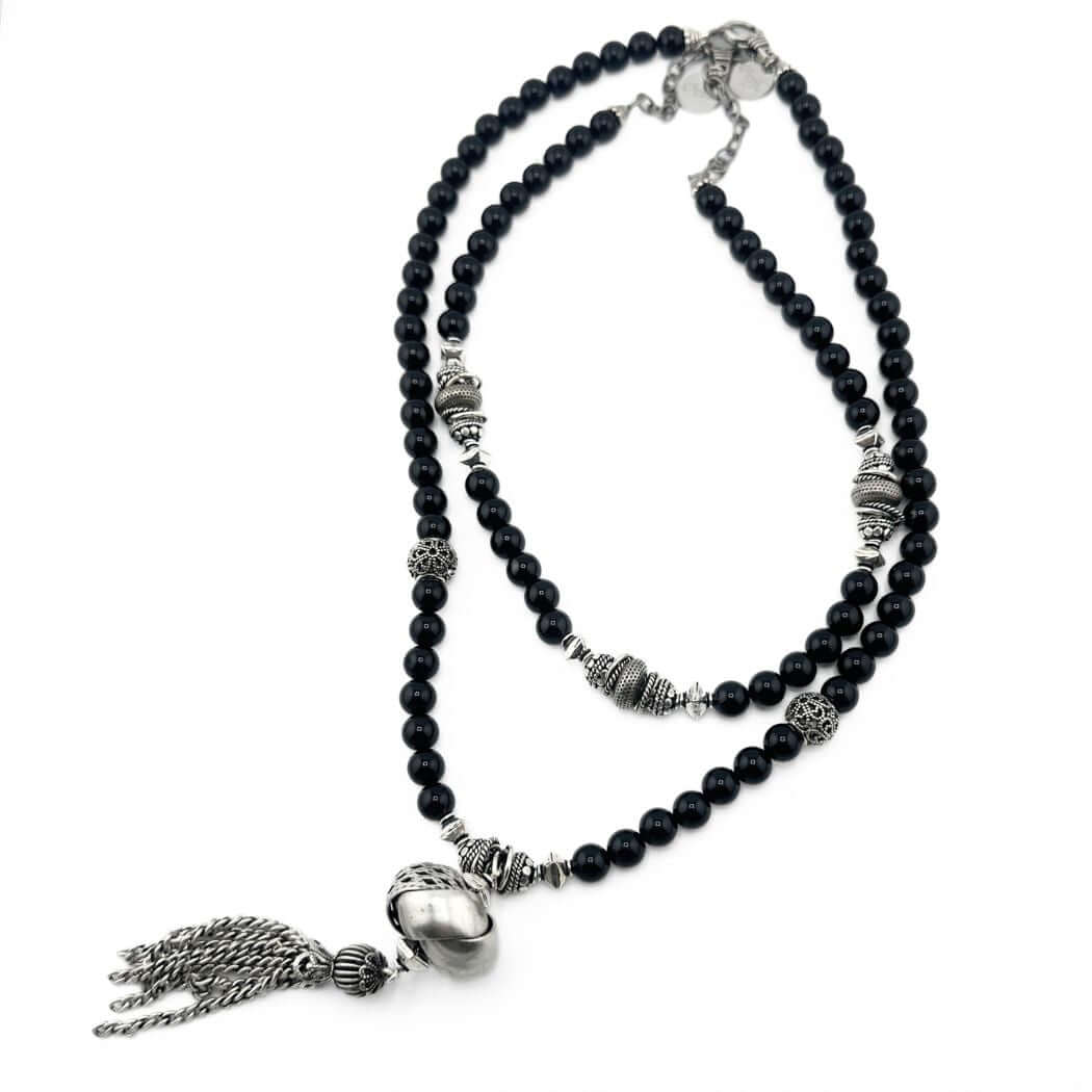 Black Gemstone Necklace With Textured Beads