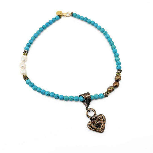 Turquoise, Pearl And Bronze Heart Neckace