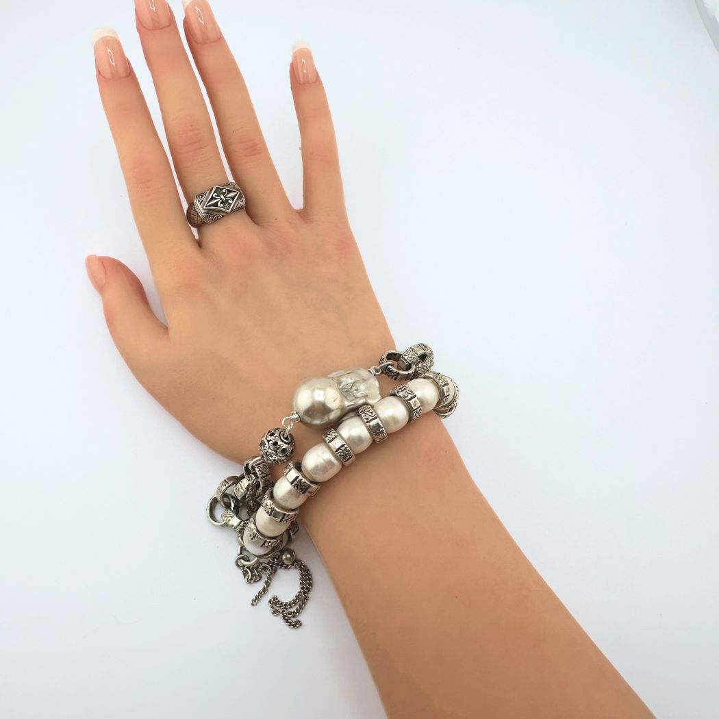 Silver Coated Pearl Chain Bracelet