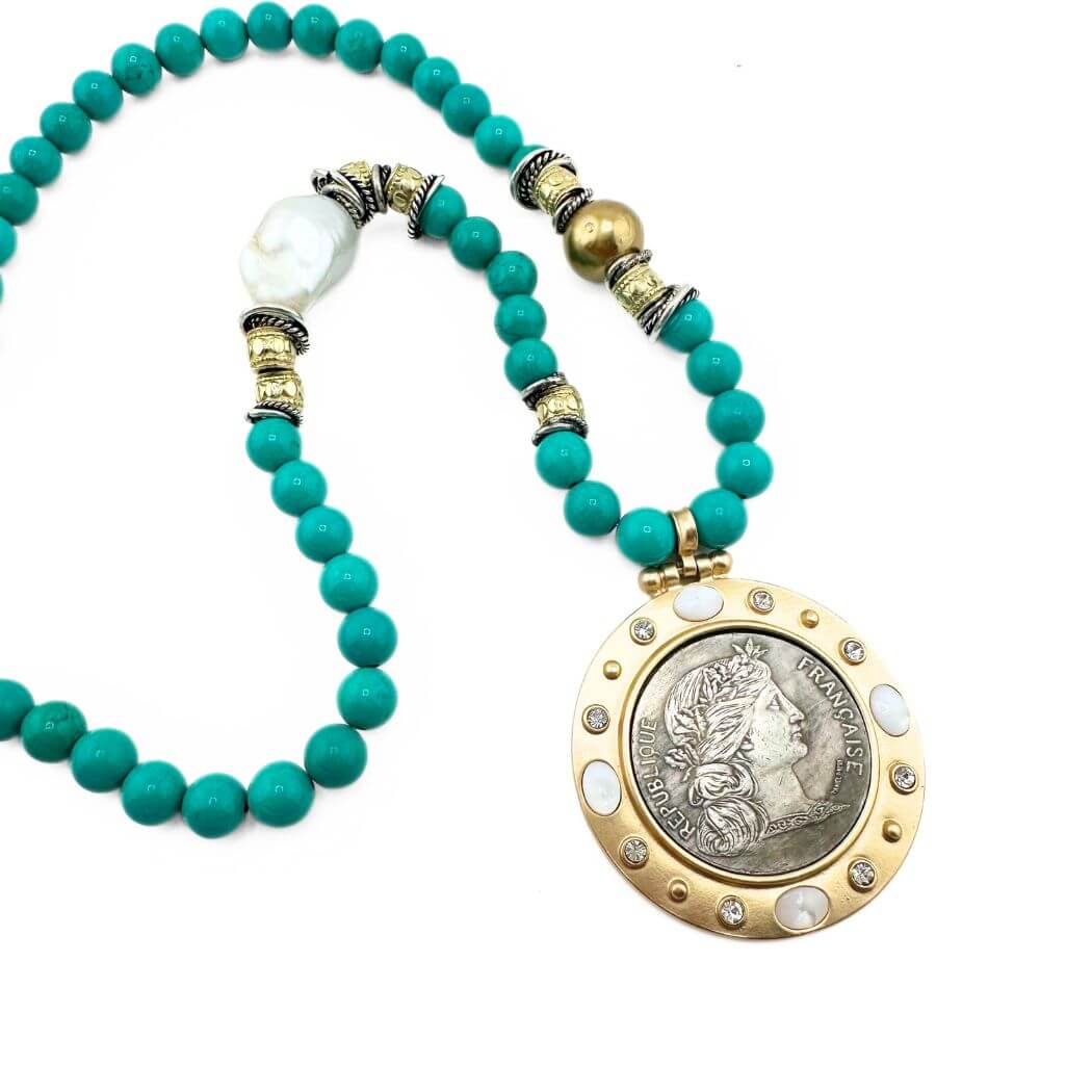 Turquoise Beaded Coin Necklace Short or Long