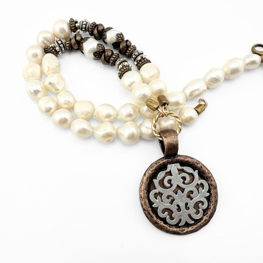 Bronze Pendant Necklace On Pearls