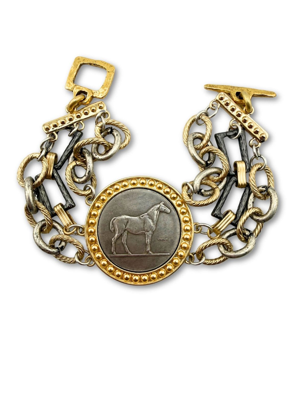 Gilded Spirit – Artisan Mixed-Metal Horse Coin Bracelet