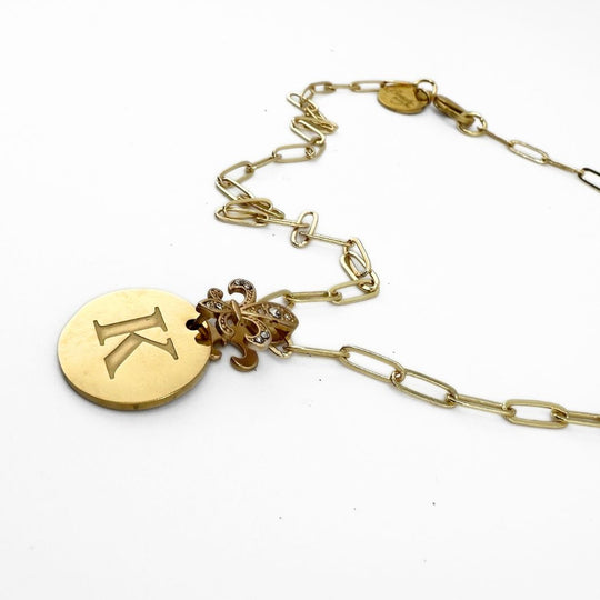 Initial Necklace 18K GF With Fleur De Lis Bail