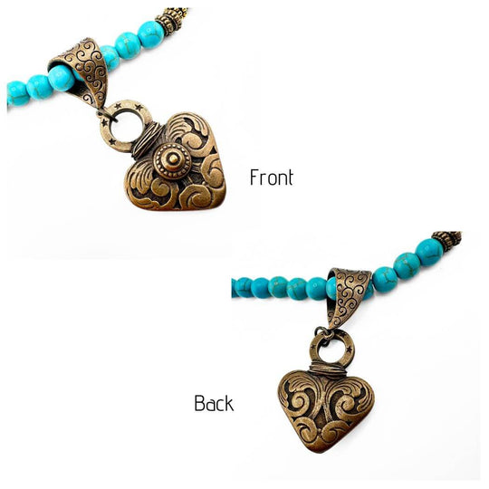 Turquoise, Pearl And Bronze Heart Neckace