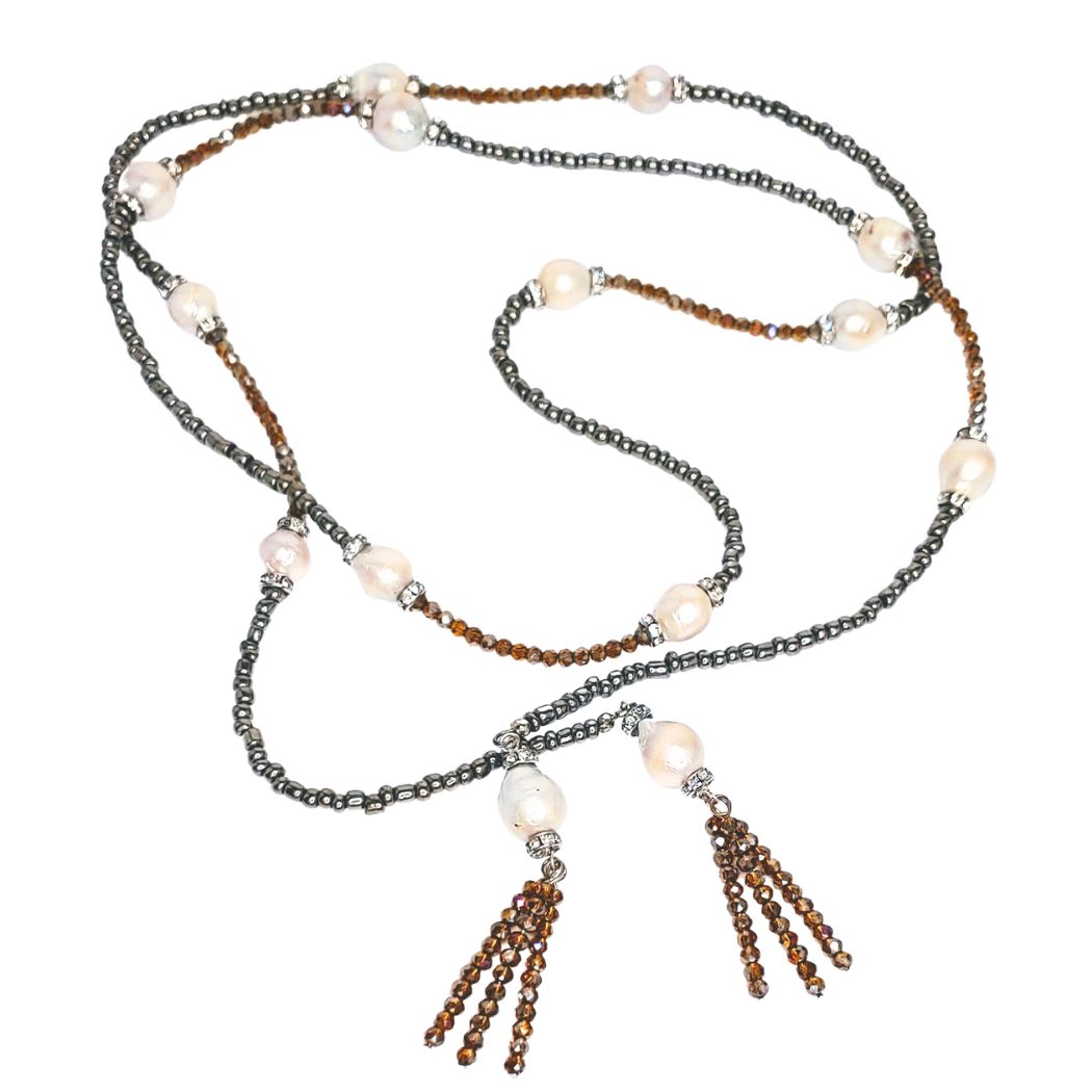 "DAZZLE" Glass Beaded Tassel Lariat Necklace