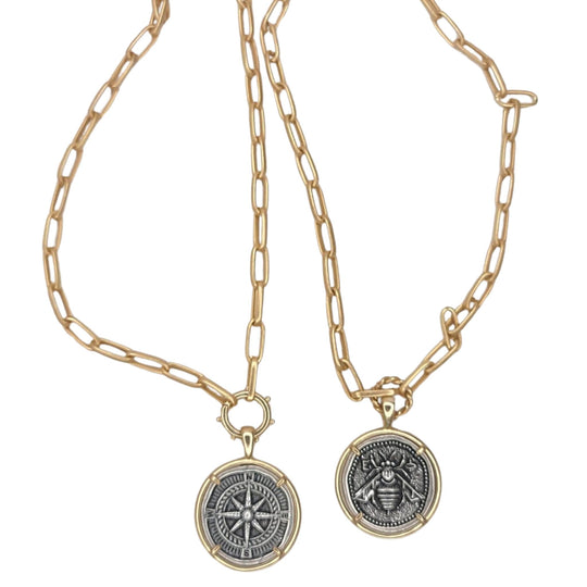 Gold Necklace with Bee or Compass Pendant