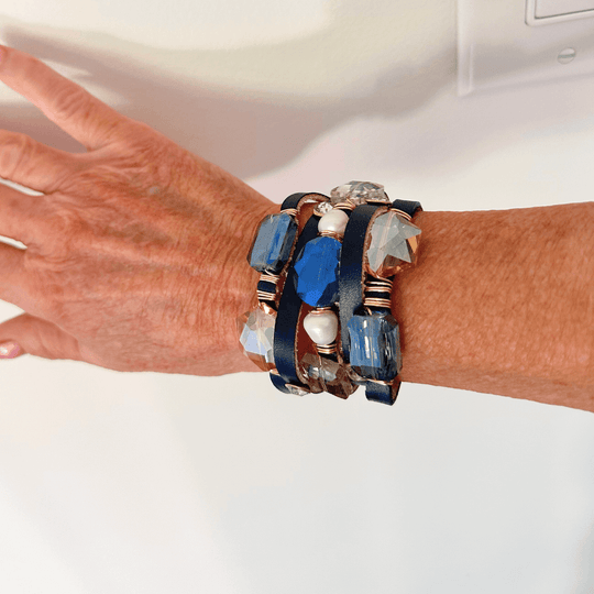 Leather Cuff Navy With Crystal Bling & Pearls