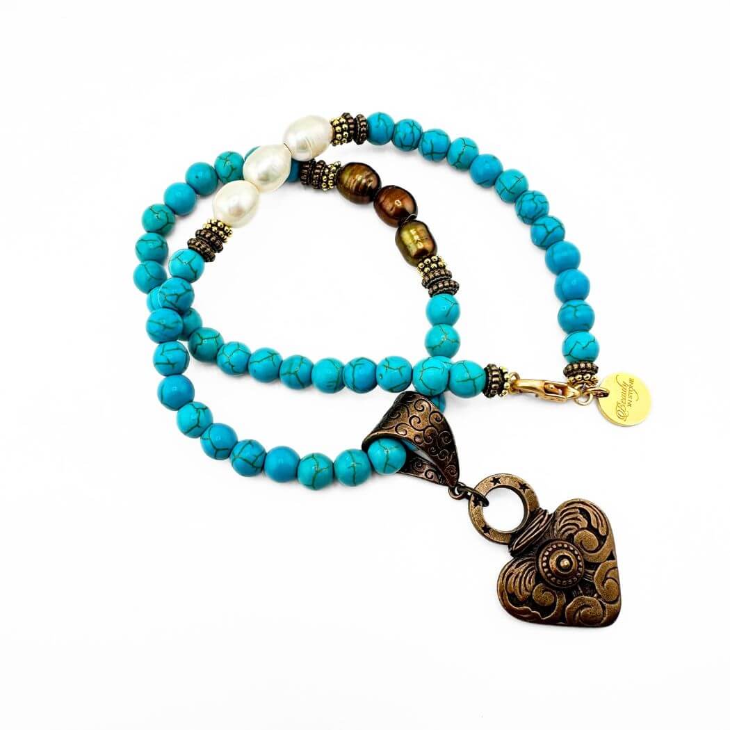 Turquoise, Pearl And Bronze Heart Neckace