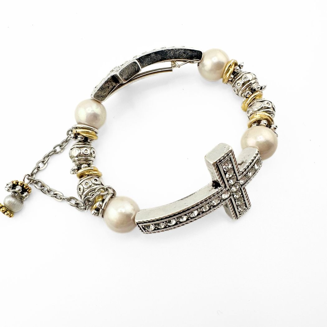 Double Cross Stretch Bracelet With Pearls