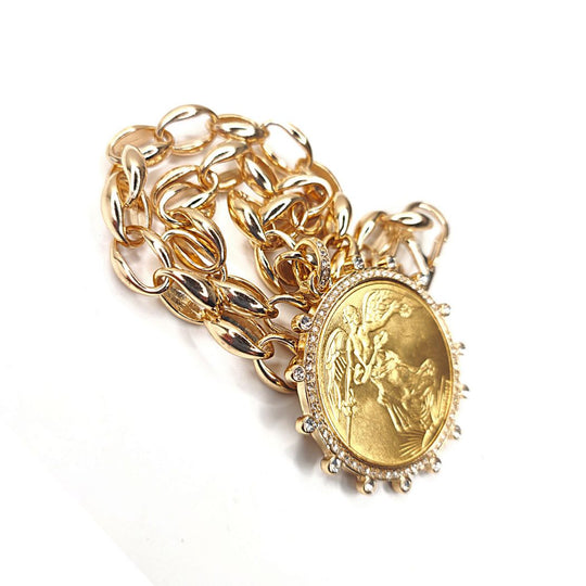 French Coin Pendant Necklace Gold Rhinestone Bezel