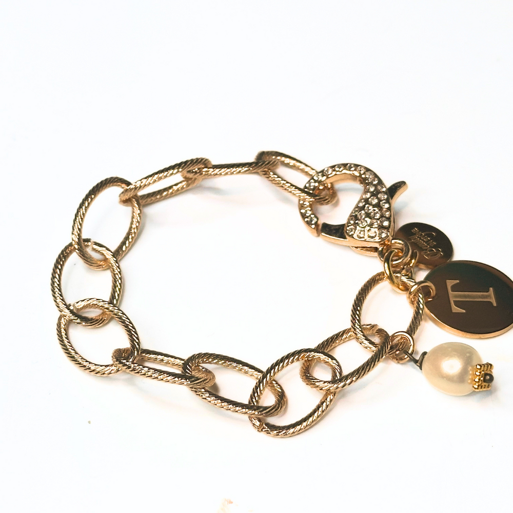 Chain Link Bracelet With Pearl & Engraved Charm