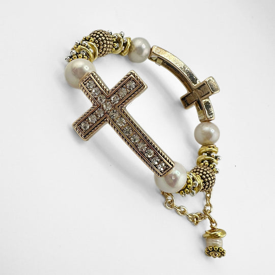 Double Cross Stretch Bracelet With Pearls