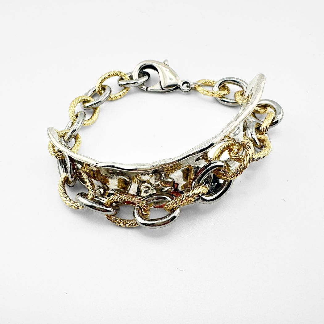Curved Bar Bracelet With Two Tone Chain - Beauty In Stone Jewelry
