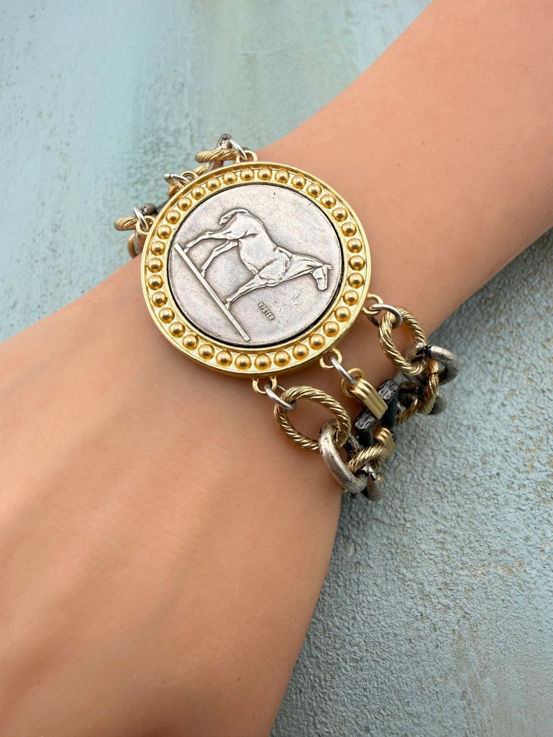 Gilded Spirit – Artisan Mixed-Metal Horse Coin Bracelet