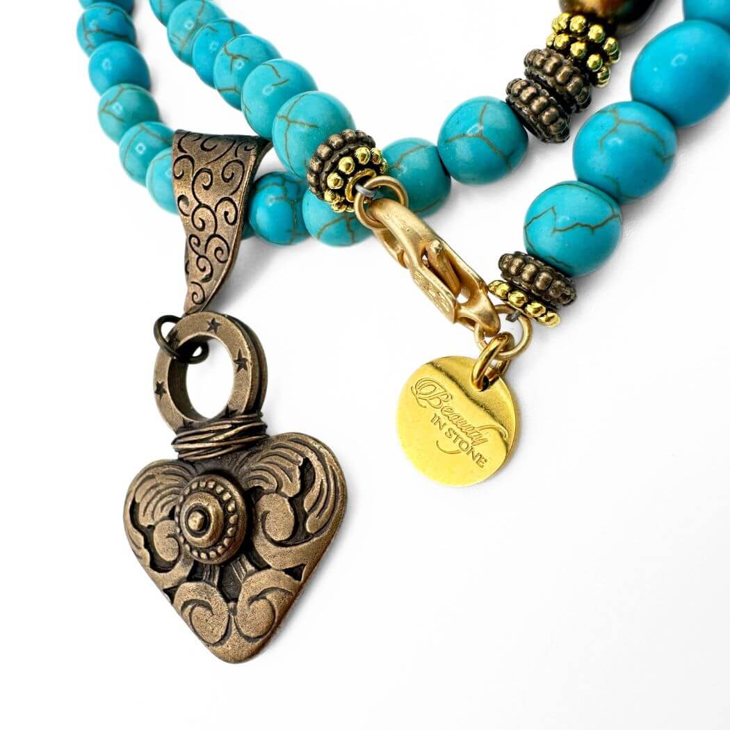 Turquoise, Pearl And Bronze Heart Neckace