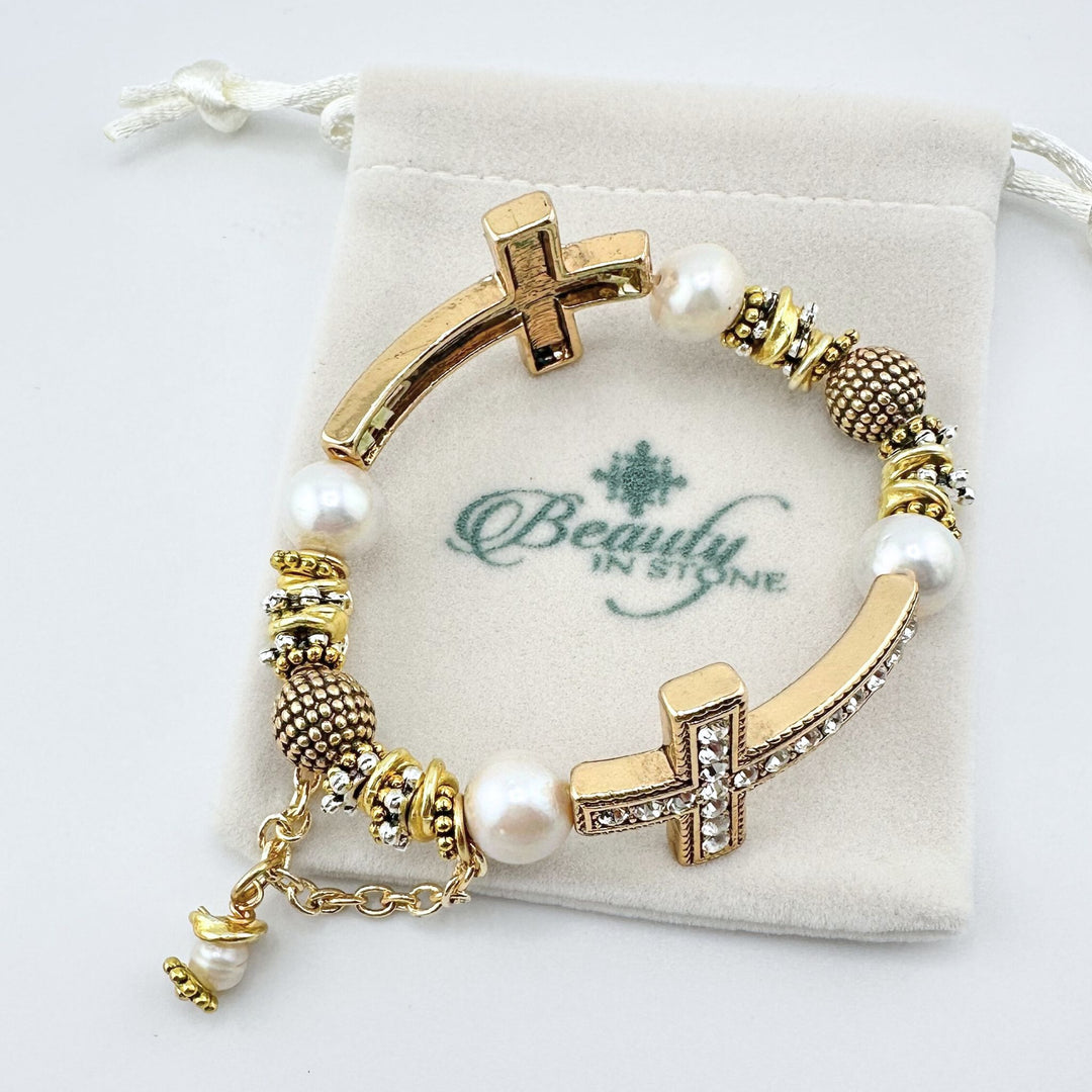 Double Cross Stretch Bracelet With Pearls