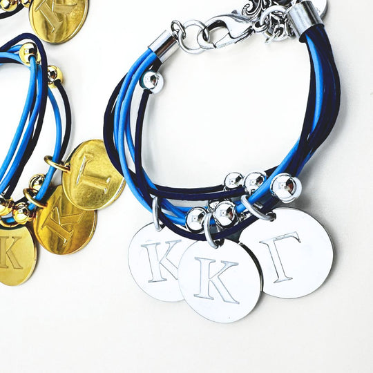 Sorority Leather Bracelet With Greek Letter Engraved Charms