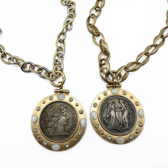 Mother Of Pearl Gold-Silver French or Three Graces Silver Coin Necklace