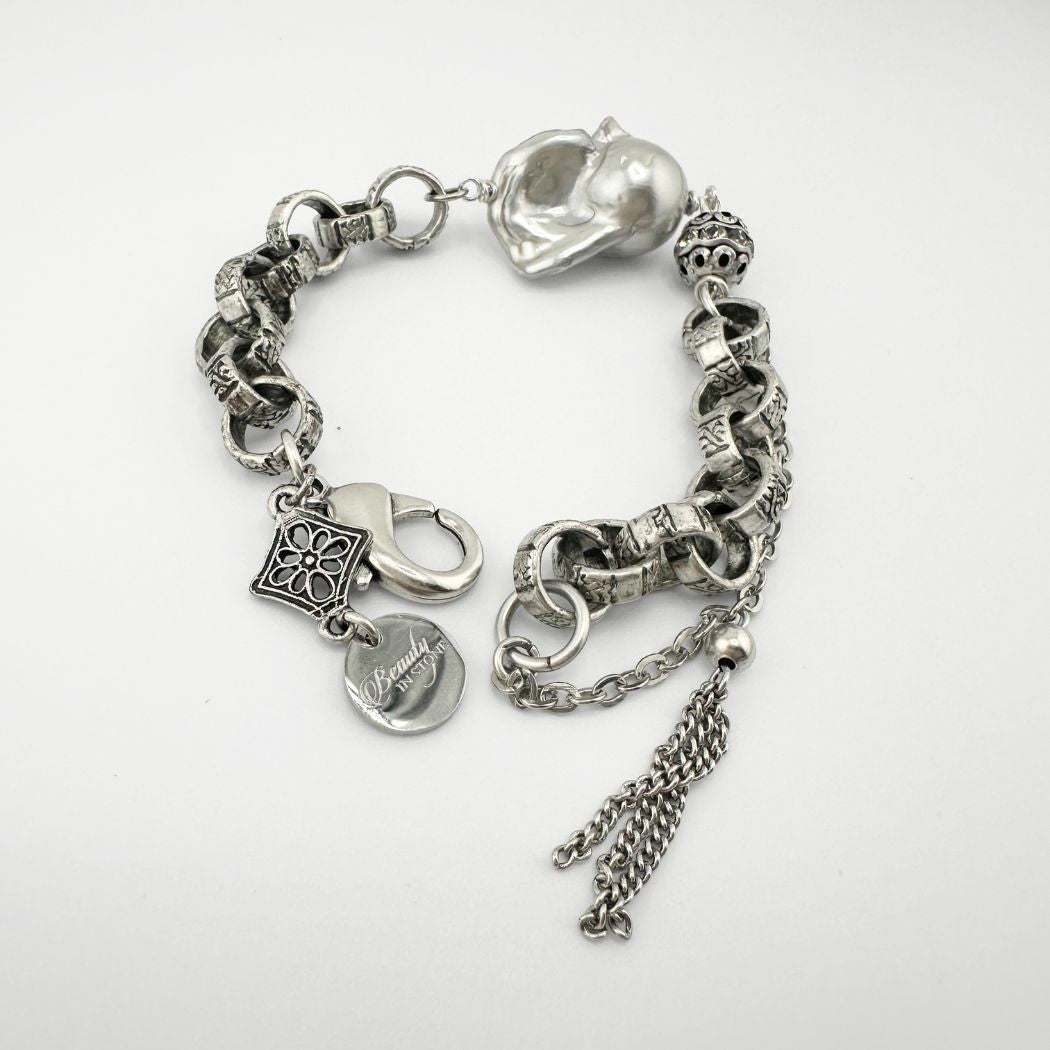 Silver Coated Pearl Chain Bracelet