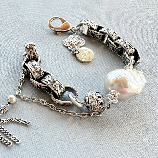 Silver Coated Pearl Chain Bracelet