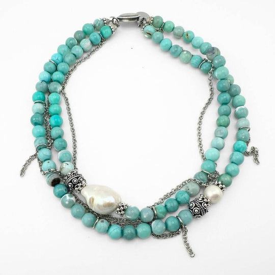 Blue Gemstone & Pearl Beaded Necklace